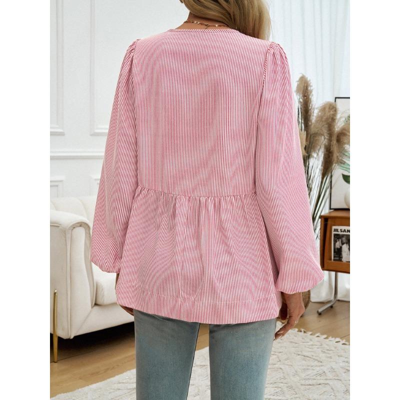 Женские осенние и зимние топы, повседневная свободная полосатая рубашка с рукавами-фонариками и завязкой