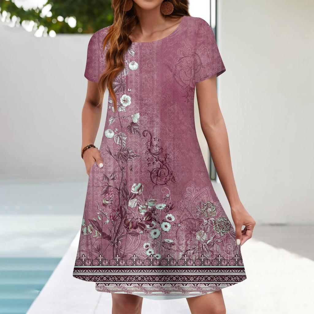 Summer Dresses For Women Beach Floral Sundress Short Sleeve Pockets Casual Tshirt Dress