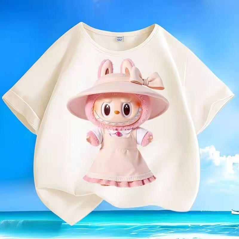 Детские футболки с мультяшным принтом двенадцати созвездий LABUBU, бежевый топ с коротким рукавом для мальчиков и девочек, трендовая одежда, подарок