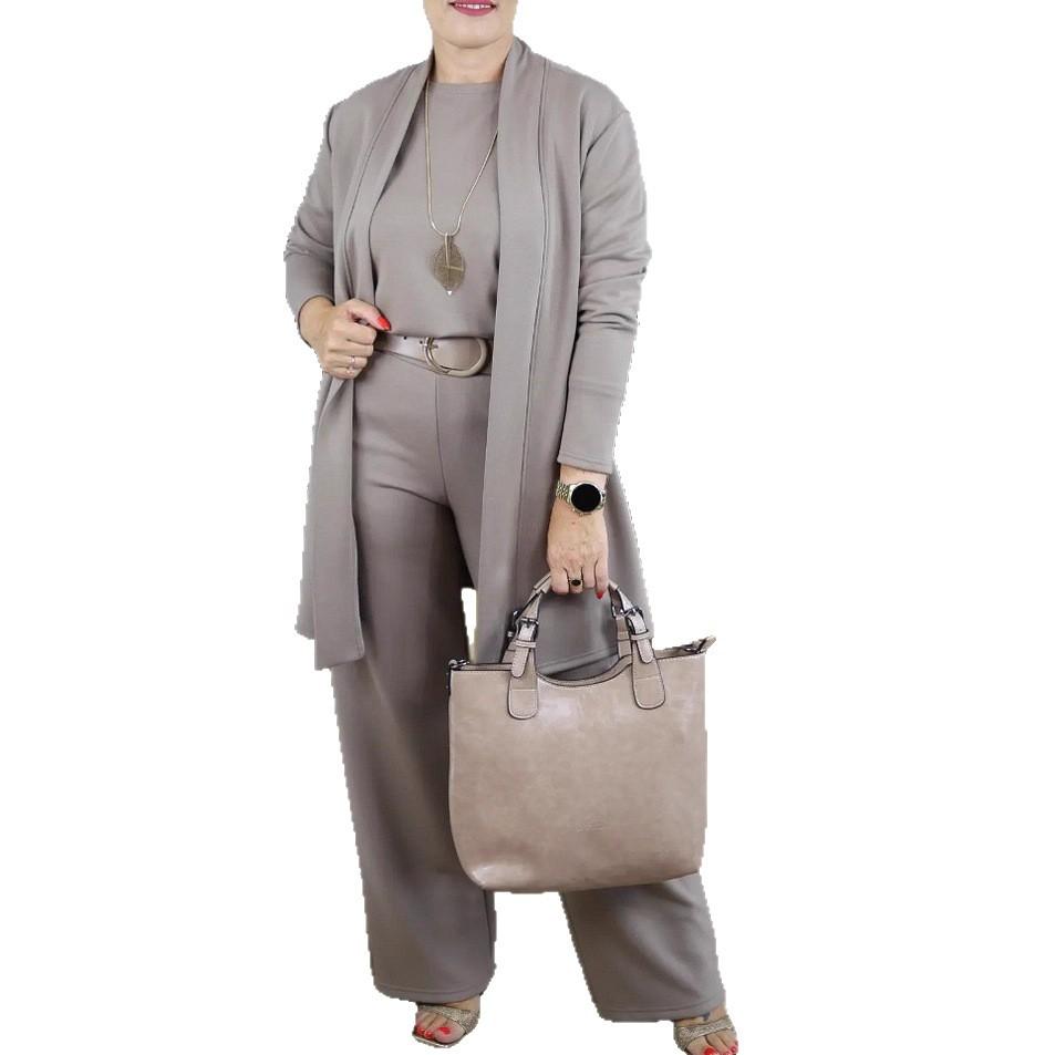 Бежевый комплект из 3 предметов: топ с длинным рукавом свободного кроя и брюки