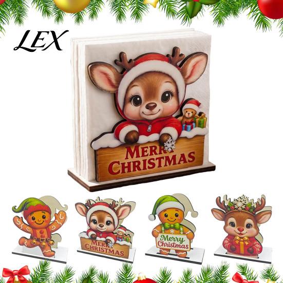 Christmas Kitchen Decor Wooden Napkin Holder, Gingerbread Man And Deer Design, Holiday Party Countertop Organizer Decorative Vertical Paper