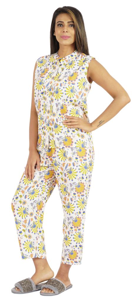 Phagun Pajamas Set Printed Rayon Sleepwear Sleeveless Nightwear For Women