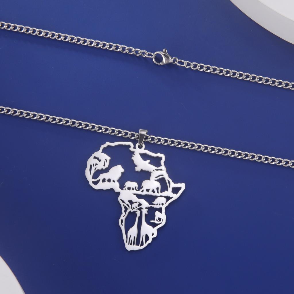 Myshape Animal Map Lion Giraffe Elephant Pendant Stainless Steel Necklace Men's and Boys Fashion Ethnic Jewelry Gift