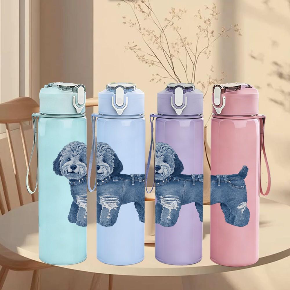 1PC Blue Poodle Dog Cartoon 750ml Color Plastic Sports Water Bottle Leakproof Flip Straw Lid Suitable for Sports Office Home Use