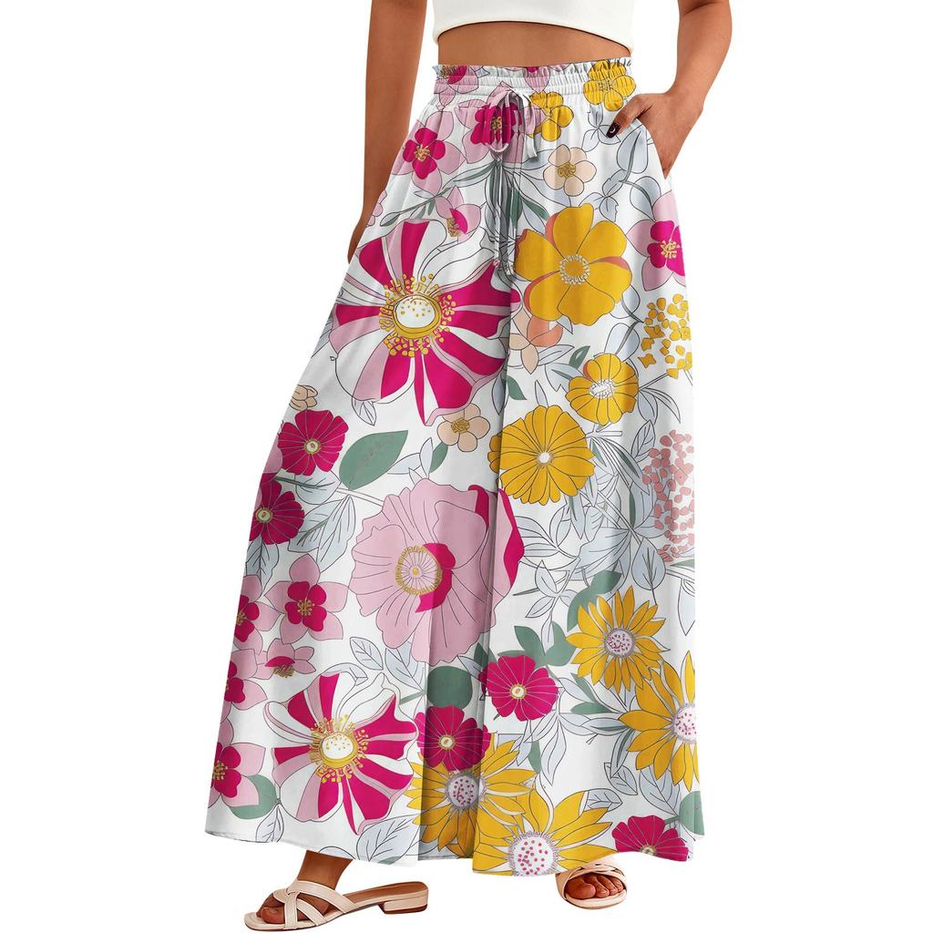 Women's Palazzo Pants Boho Floral Wide Leg Trousers Summer Beach High Waisted Flowy Pants With Pockets