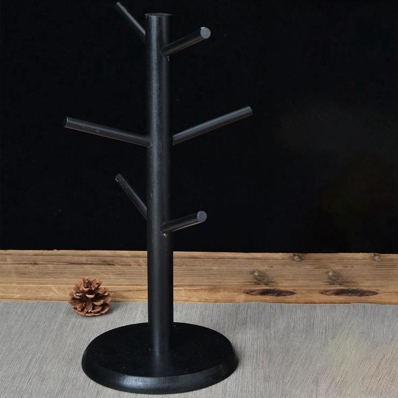 Подвесная стойка для показа кружек из дерева, полка для напитков с 6 крючками, подставка для хранения кофейных чашек в форме дерева, держатели для стаканов