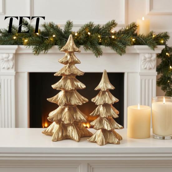 Modern Farmhouse Decor 2Pcs Christmas Tree Ornaments, Vintage Gold Tabletop Decoration for Holiday Winter Home Ornaments And Fireplace Mantel Display,