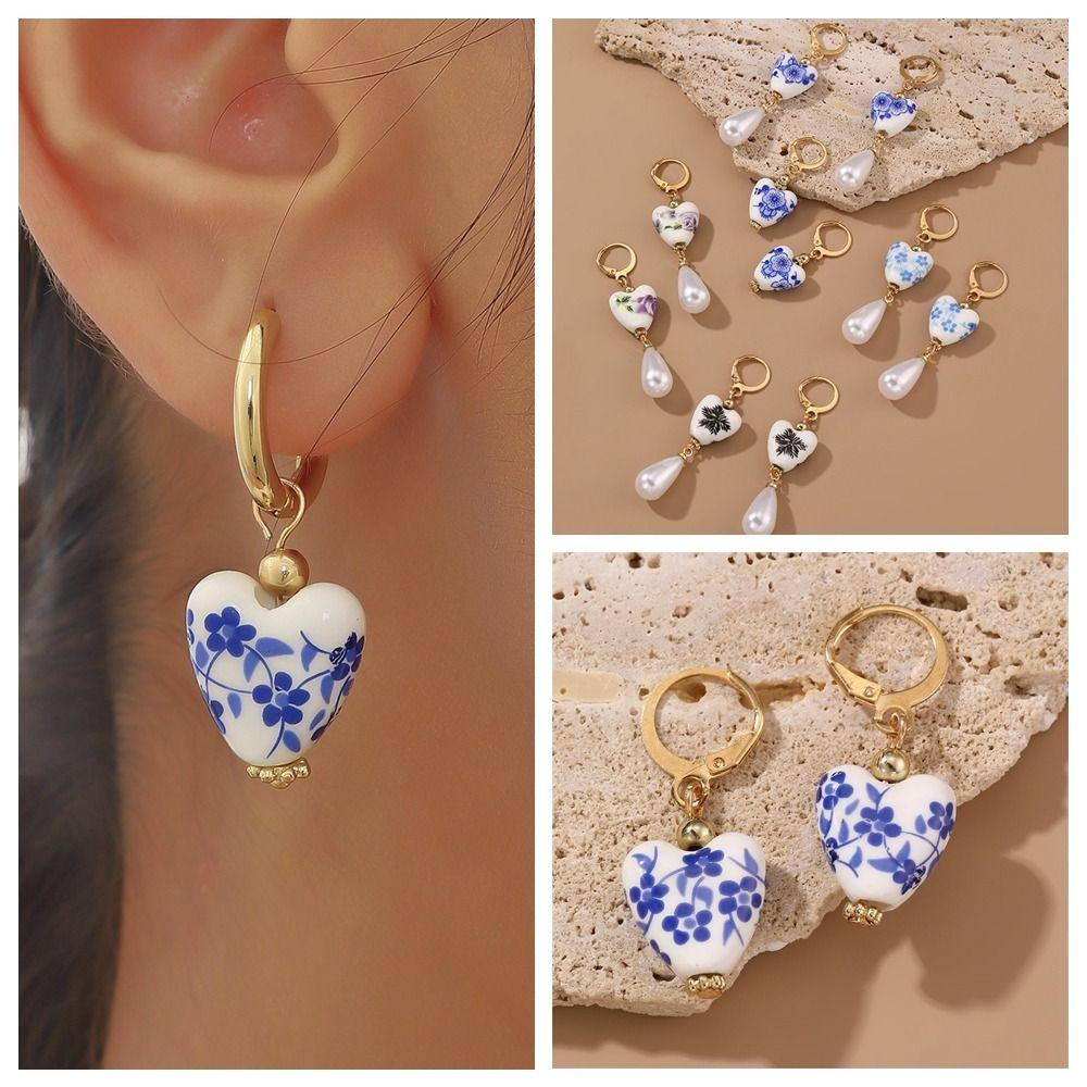 Bohemia Earrings Blue and White Porcelain Earrings Ceramics Flower Beaded Earring  Summer