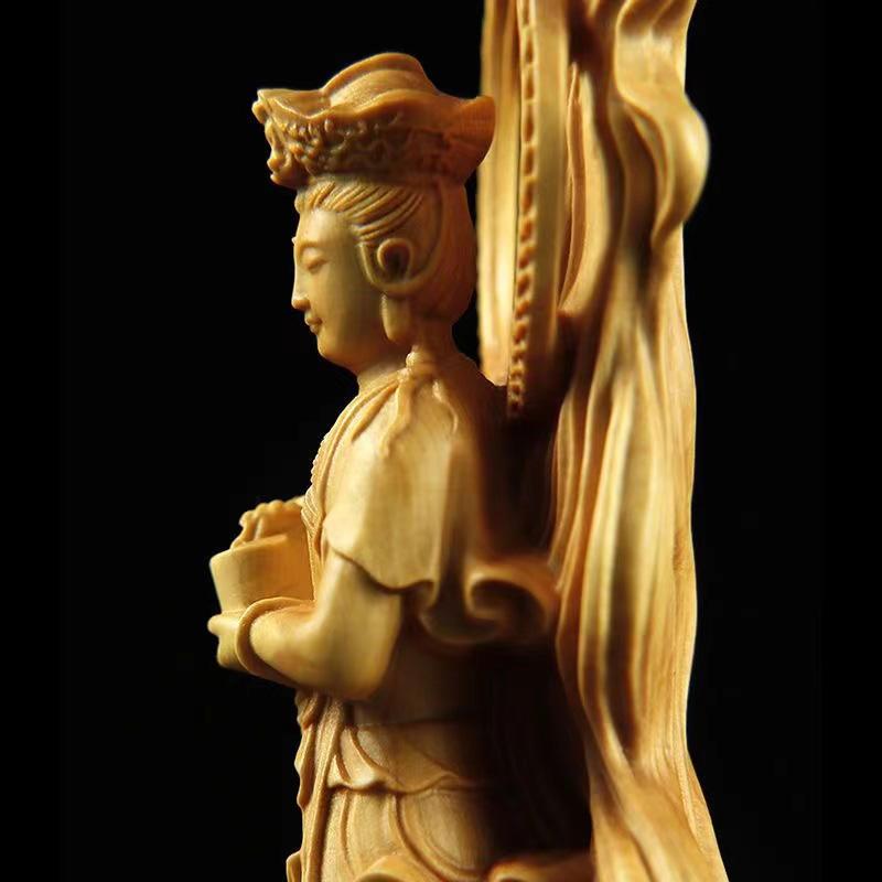 Wooden Sea-Crossing GuanyinStatue Chinese Buddha Log Color Solid Wood Carving Home Living Room FengShui Decoration Figure Statue