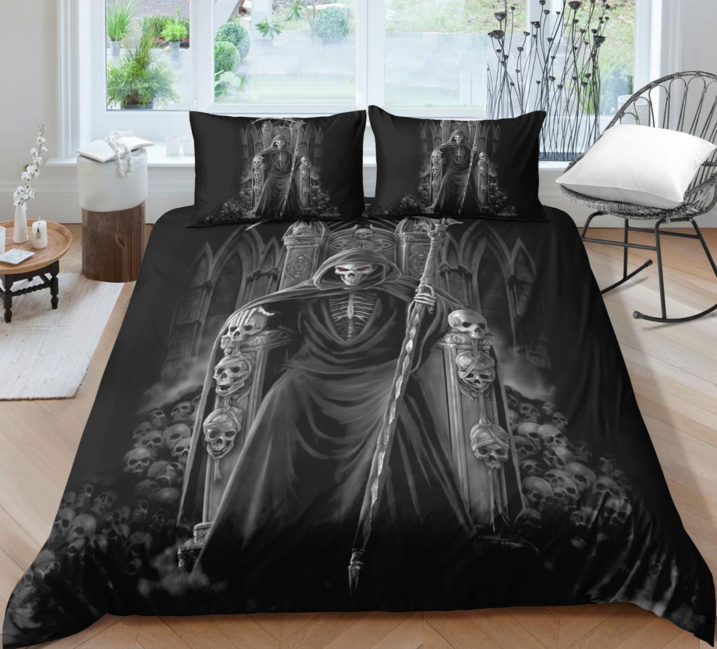 3D Black Skull Head Pattern Bedding Single Double Bed Full Size Special Skull Head Print Pillowcase and Quilt Cover 2 or 3 Comfortable Home Decoration