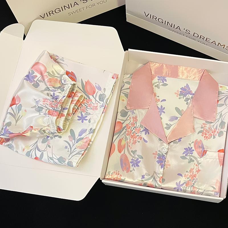 Peony Print Sweet Classic Short Women's Pajamas Simulated Silk Female House Clothing Summer Cool Casual Sleepwear