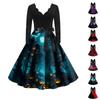 Women's Vintage Classic Dress Neck Waist Bow Tie Long Sleeves Halloween Print V Neck Swing Dress