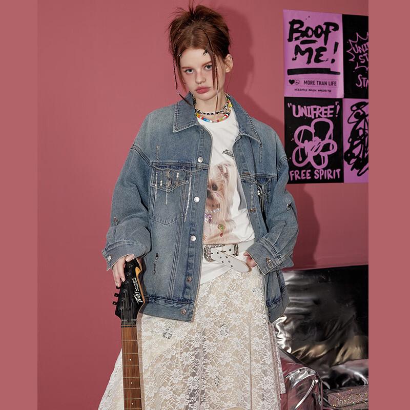 unifree Американская Ретро Джинсовая Куртка Свободного Кроя с Потертостями