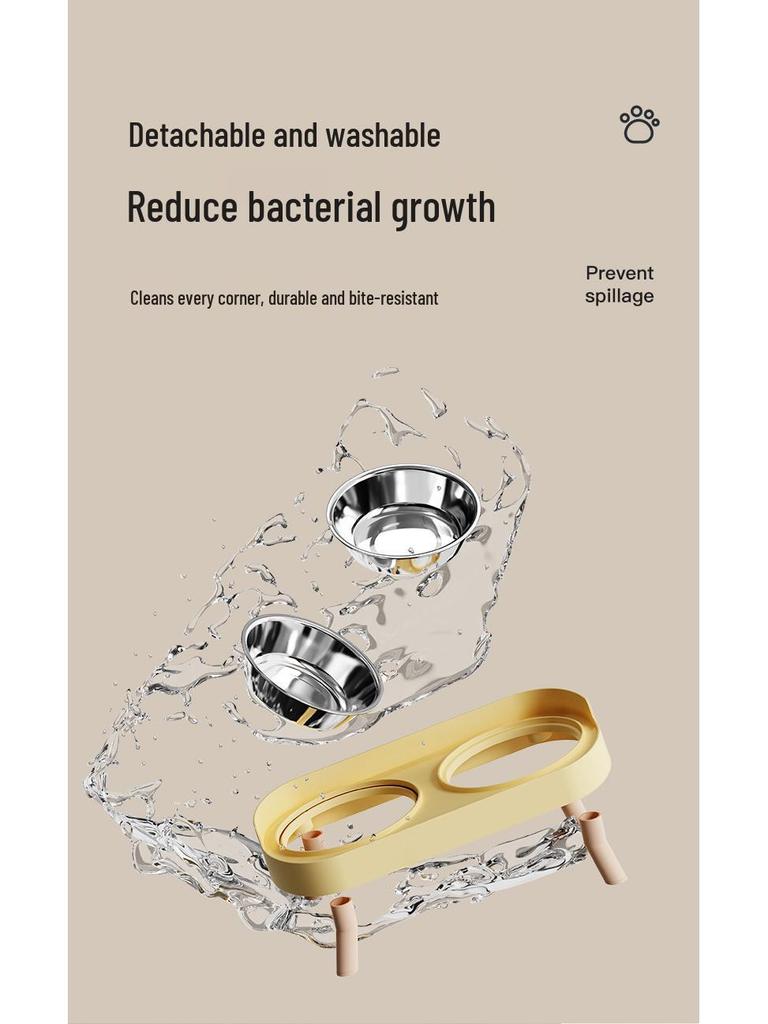 Cross-Border Stainless Steel & Ceramic Dual Cat & Dog Bowl: Anti-Tip, Splash-Proof, Neck Protection Design for Food & Water.