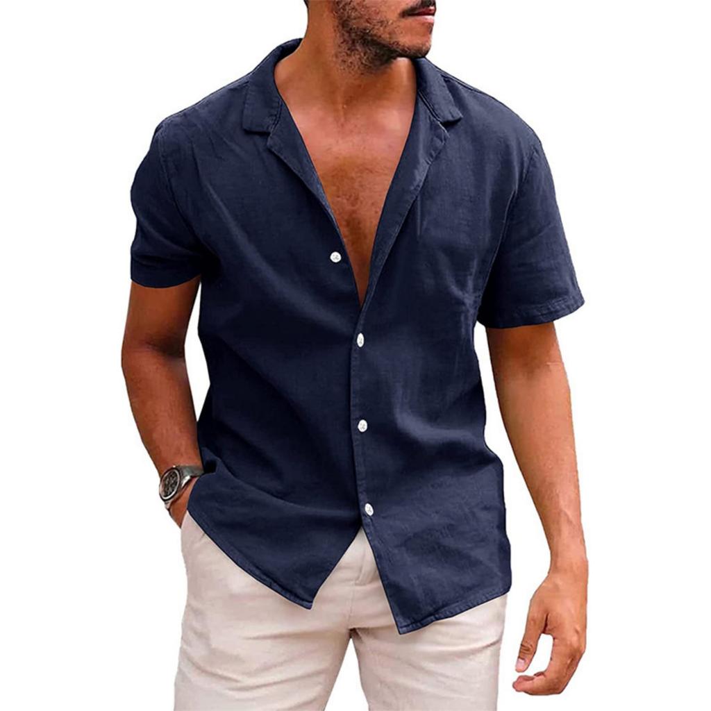 Men's Casual Collar Relaxed Short-sleeved Shirt - Men's Plain Cotton And Linen Breathable Shirt