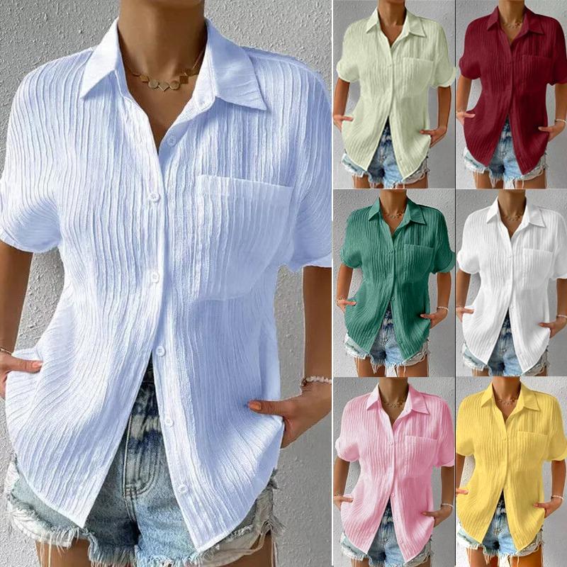 Summer Women's Casual Shirt Solid Color Lapel Button Short Sleeve Tunic Shirt Business Casual Work Shirt Office Femininity Top