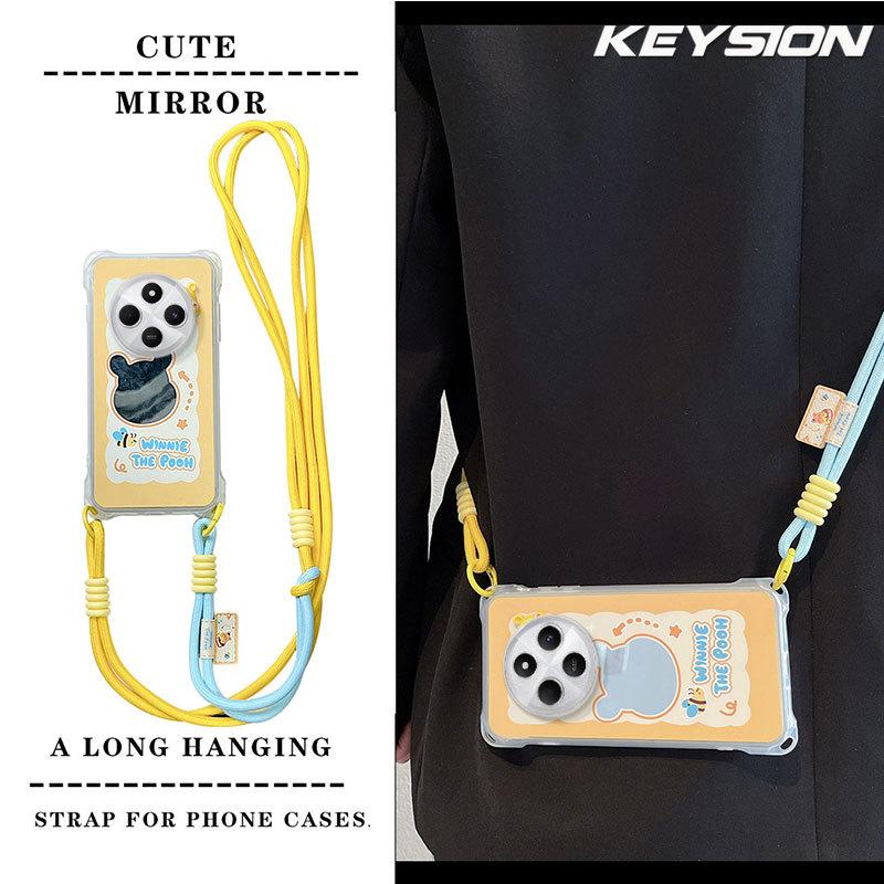 KEYSION Crossbody Strap Phone Case for Redmi 14C Cute Cartoon Long Lanyard Mirror Shockproof Cover for Xiaomi POCO C75