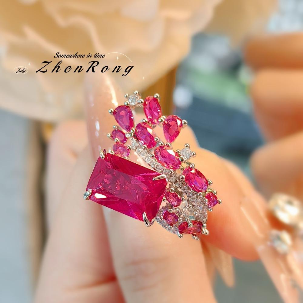 Women Jewelry Set Simple Red Corundum Ring Light Luxury Unique Design High Carbon Diamond Engagement Ring