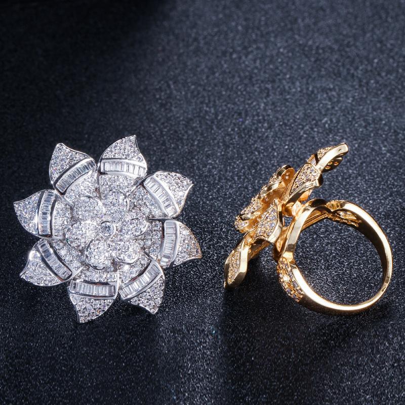 CMM Jewelry Designer Big Flower Yellow Gold Color Luxury Cubic Zirconia Engagement Wedding Rings Jewellery for Women