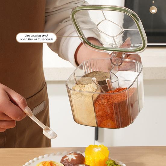 Kitchen Seasoning Jar with Spoon Slot Multi-Compartment Salt Pepper Organizer Transparent Seasoning Box