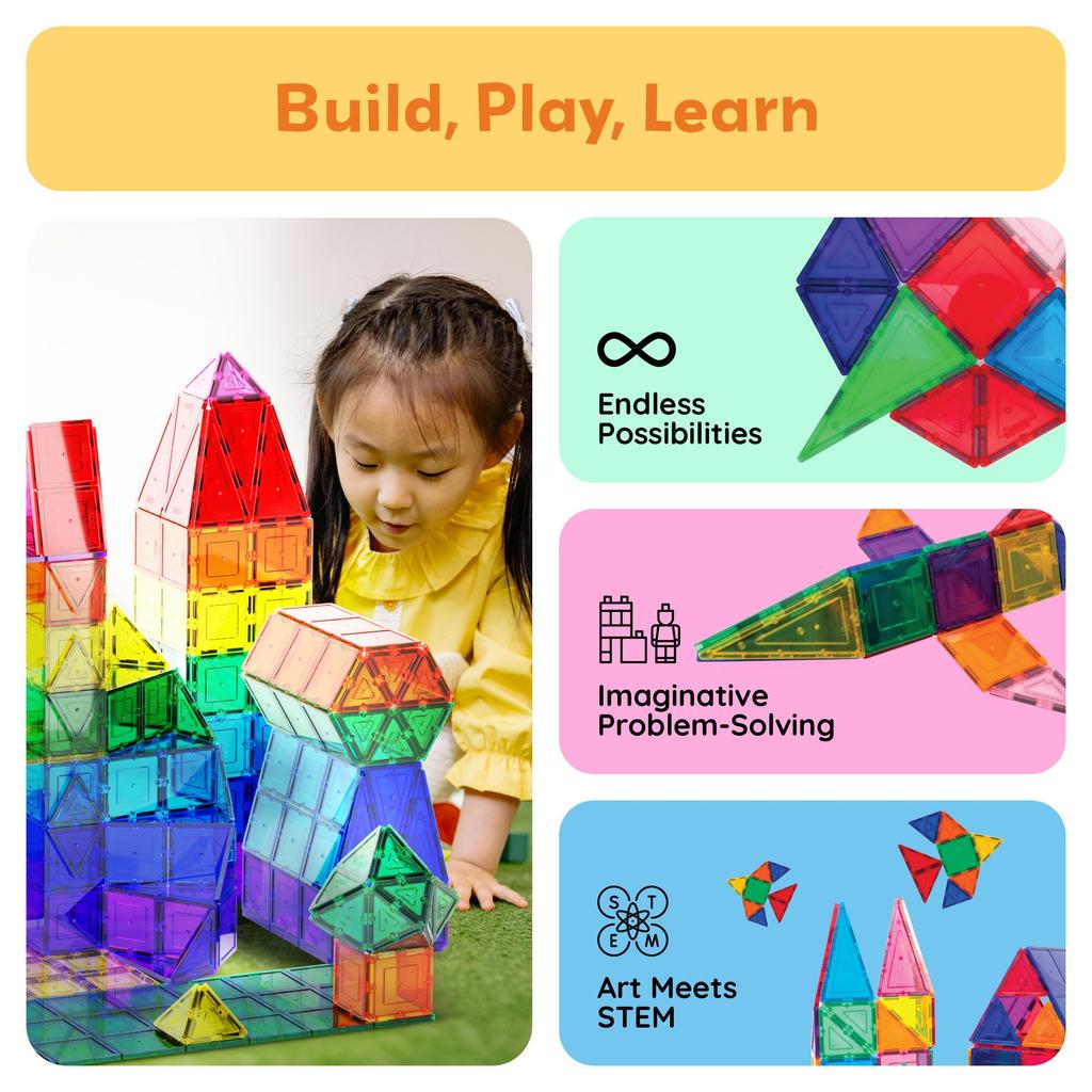 PicassoTiles Set of Magnetic Building Clear Magnetic 3D Building Blocks for Construction Playboards Unlock Your and More 60-Piece Tiles, - Creativity,