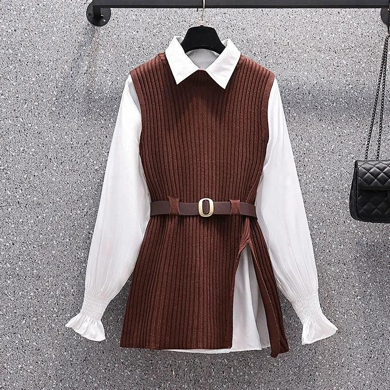 Women Fall Vintage Fat MM Long Sleeve White Pullover Blouse Knit Vest Two Pieces Set