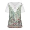 Женские модные повседневные топы с короткими рукавами и v-образным вырезом с кружевной отделкой и принтом