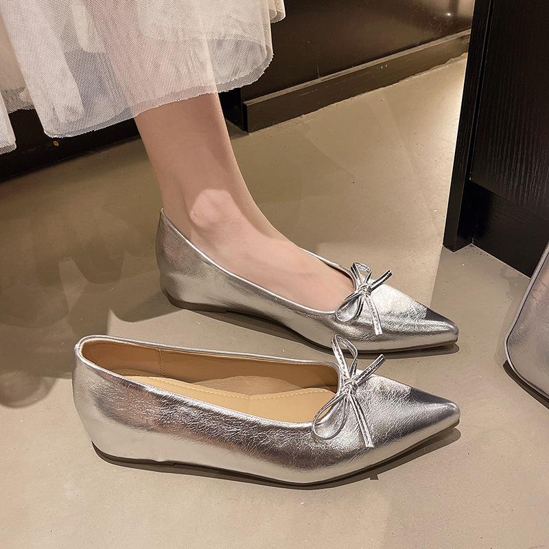 Beige Pointed Single Shoes Women's New Small Inner Height Increase Flats Versatile Bow Evening Shoes