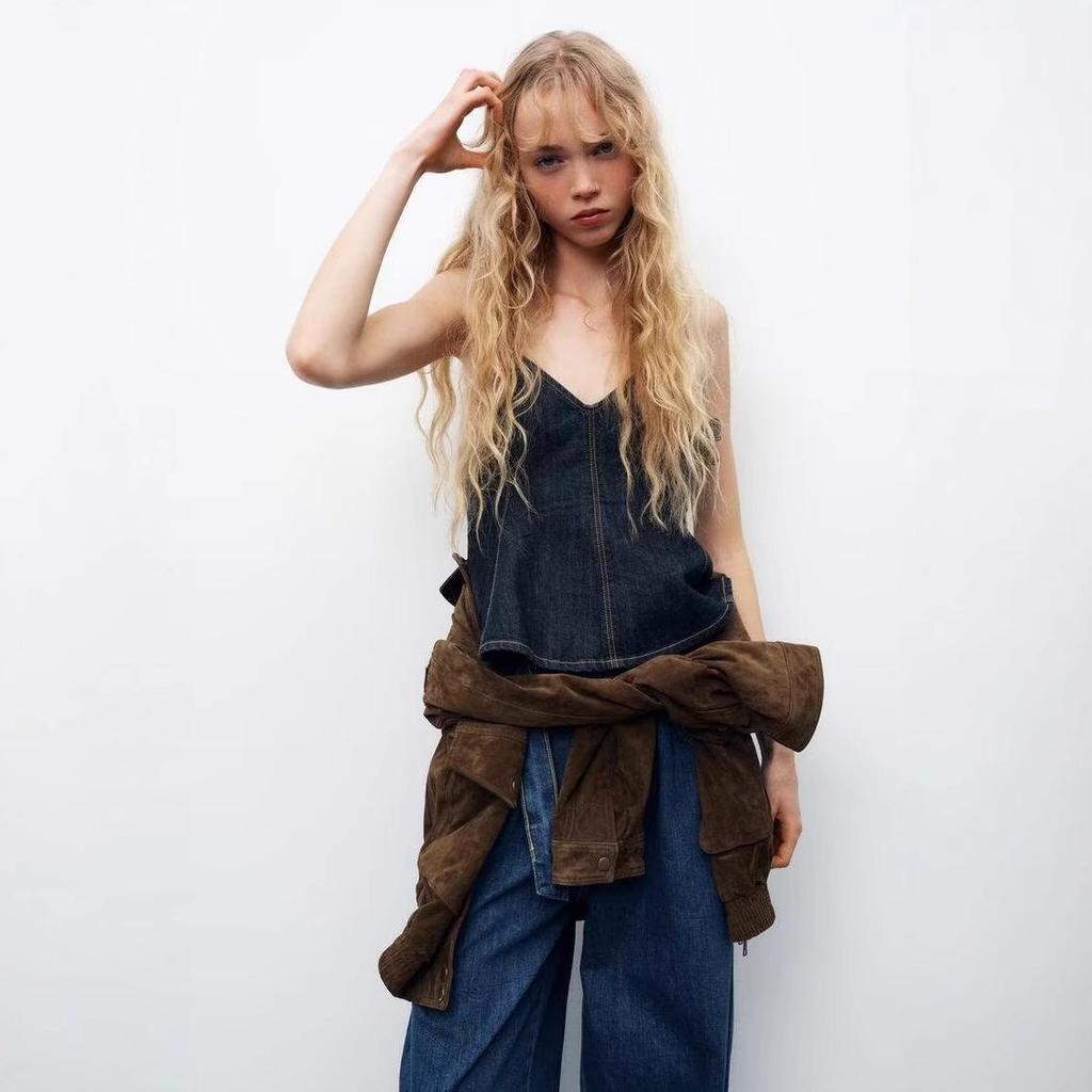 Spring 2025 Women's European & American Style Sexy V-Neck Spaghetti Strap Wave Hem Denim Jacket Top