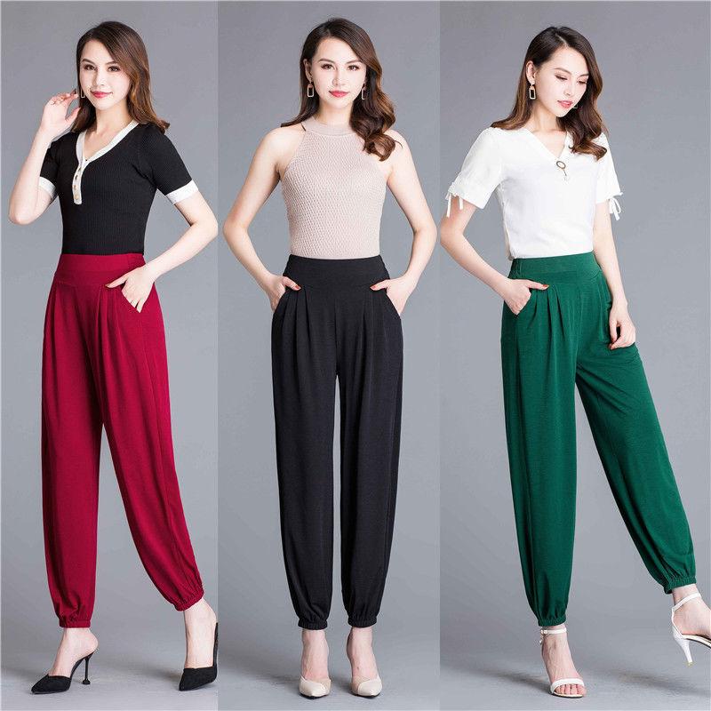 Women's Summer Thin Ice Silk Bloomers Plus Size Mother's Pants Ninth Anti-mosquito Women's Pants