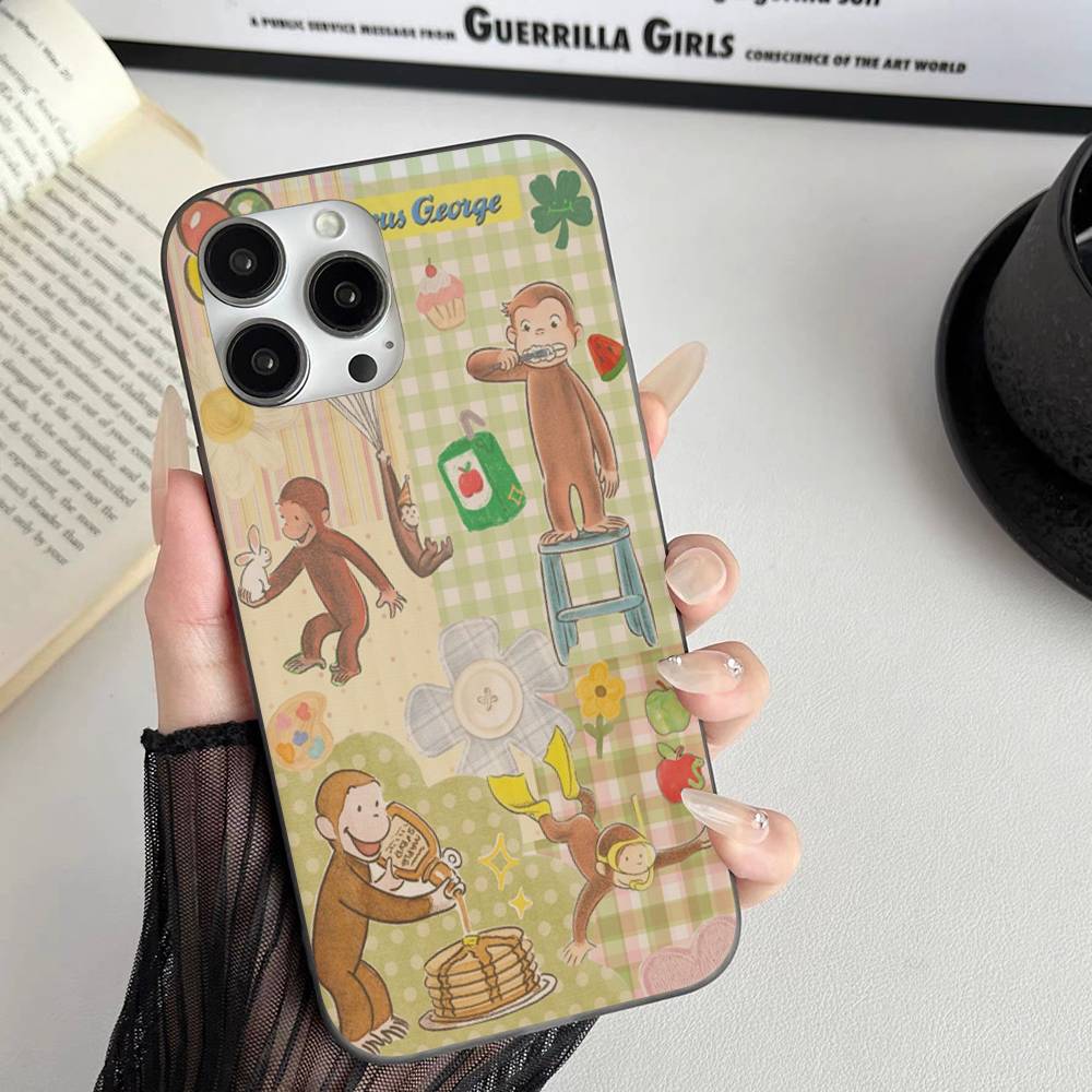 Lovely Cartoon C-Curious Georges Corrugated Stripe Phone Case For iPhone 17 16 15 14 13 12 11 Pro Max Plus Pro Shockproof Cover