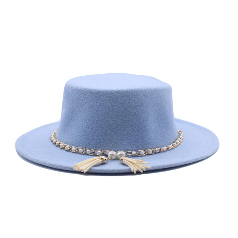 European, American and British style retro fringed pearl chain woolen felt hat wide brim top hat flat top lady hat trendy girl