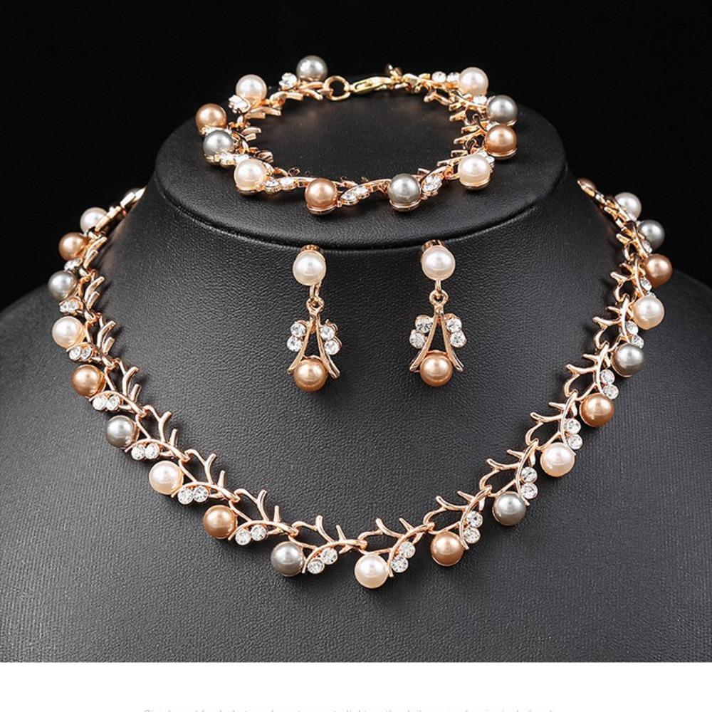 Korean Version of Pearl Necklace Earrings Set Bridal Dress Versatile Accessories Small Fresh Alloy Electroplating Three-piece Set