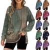 Women's Fashion Side Split Round Neck Pullover Long Sleeve Printed Top Sweatshirt