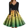 Women's Fashion V-Neck Casual Slim Fit Halloween Printed Long Sleeve Dress