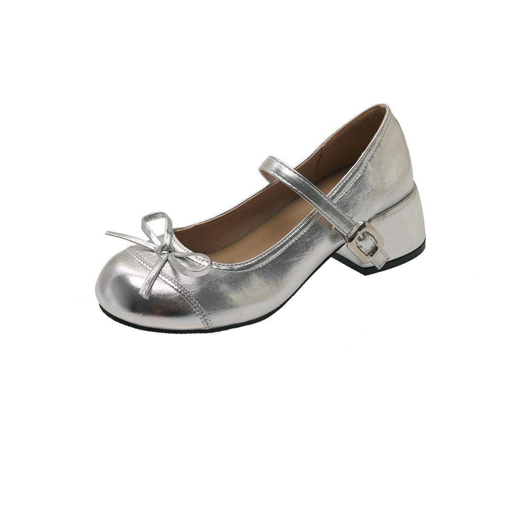 French silver high heels thick heel silver Mary Jane single shoes women's summer 2025 new with skirt medium heel small leather shoes