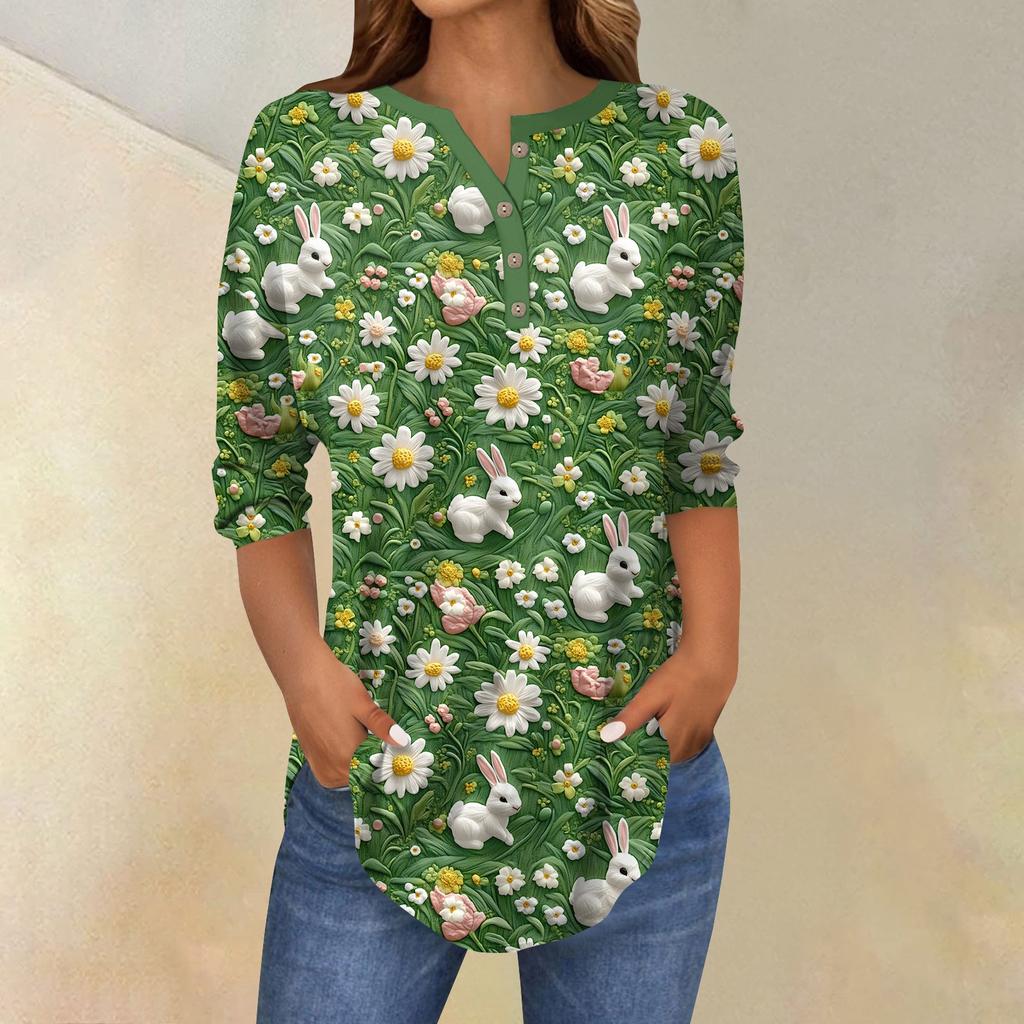 Women's 3/4 Sleeve Easter Egg Bunny Print Button Collar Fashion Casual Top