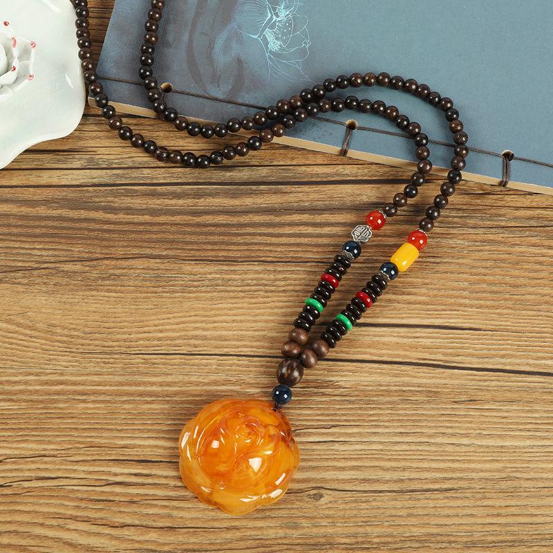 Ретро куриное крыло дерево второе поколение старое восковое ожерелье мужчины и женщины универсальный янтарный кулон длинная цепочка для свитера кулон