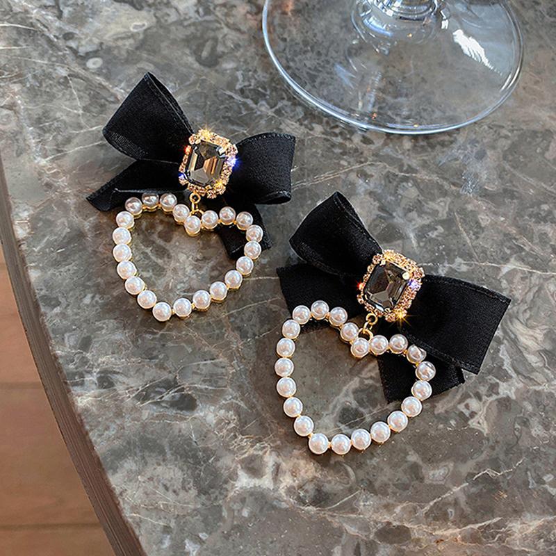 Черные серьги-квадраты с бантом Женские элегантные жемчужные серьги-сердечки Подарки