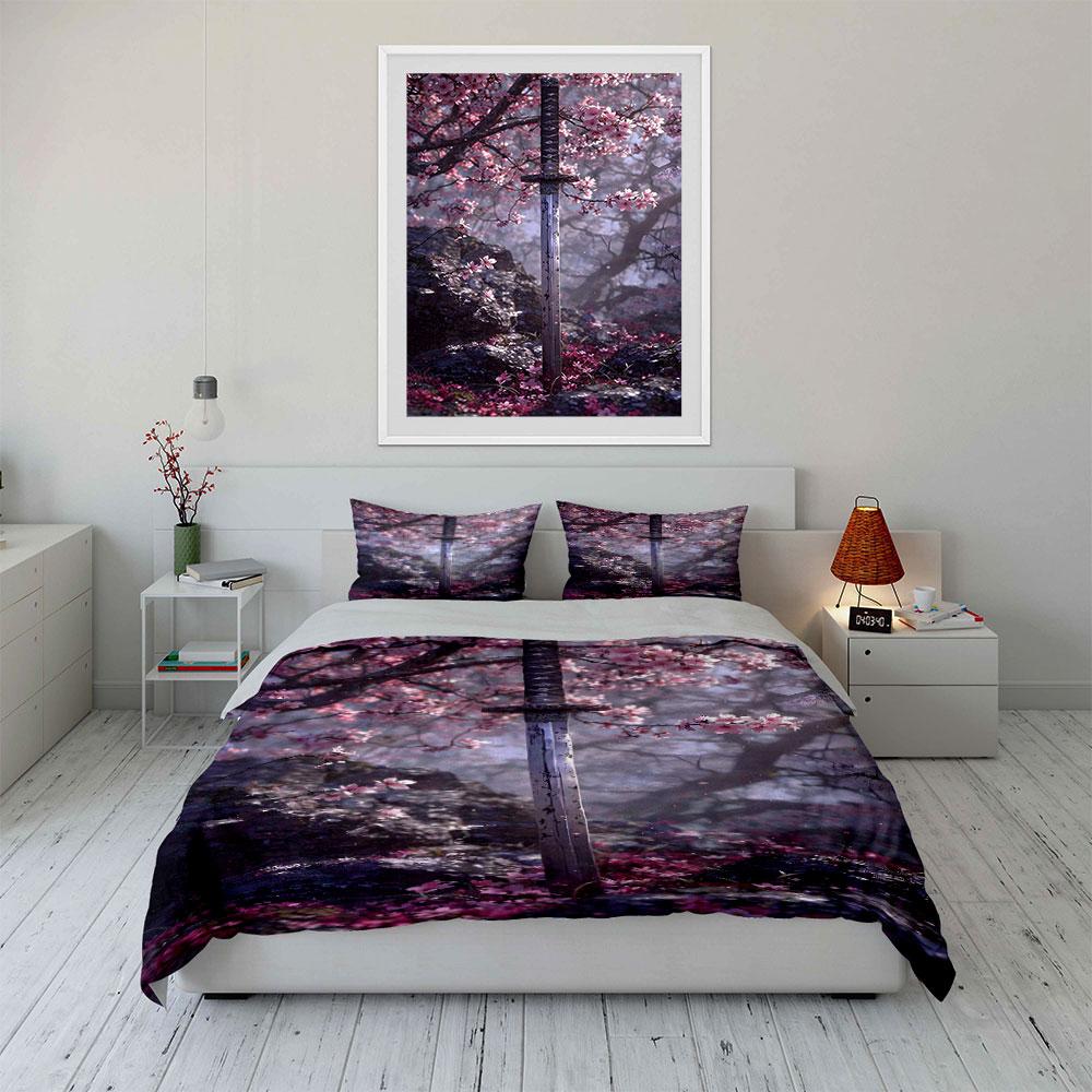Cherry Blossom Katana Decor Set Soft Skin-Friendly Bedding Set Includes 1 Duvet Cover And 2 Pillowcase, Gift