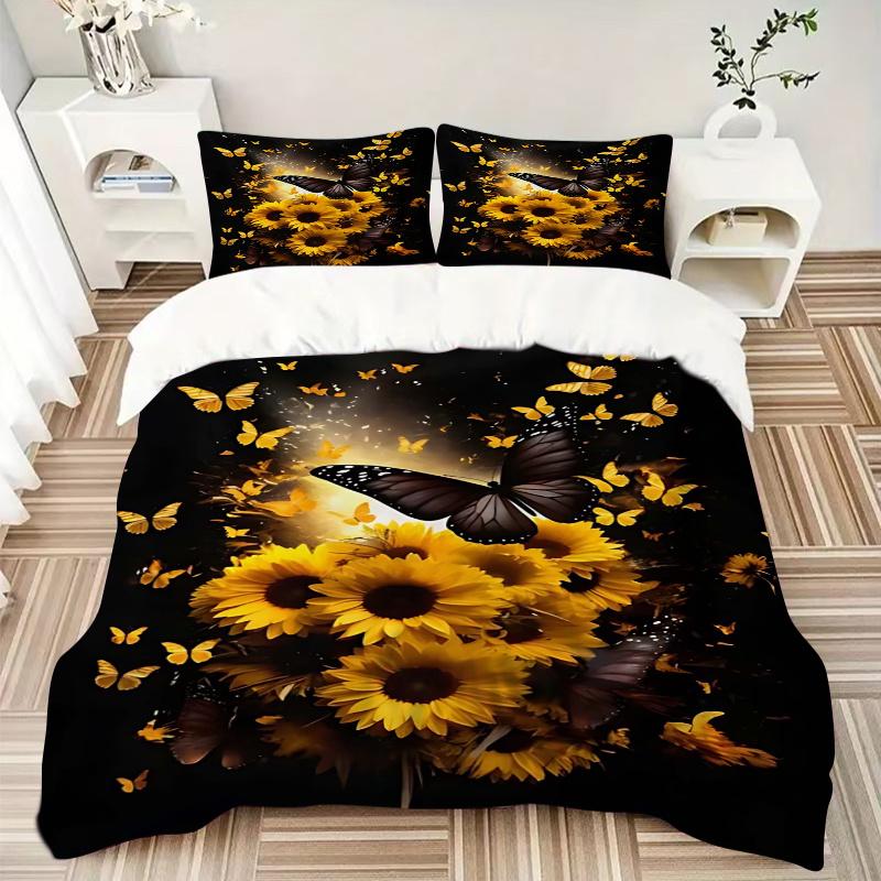 3pcs Black Butterfly is Flying Among Sunflowers Bedding Set, 1 Soft Quilt Cover + 2 Pillowcases, Machine Washable, Suitable for All Seasons