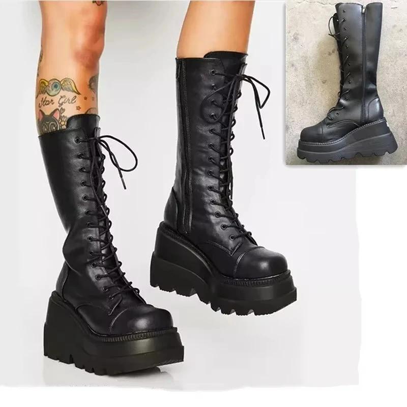 Women's Boots Fashion Gothic Style Mid-calf Ladies Boots Punk Platform Motorcycle Knight Boots Designer Trend Women Shoe