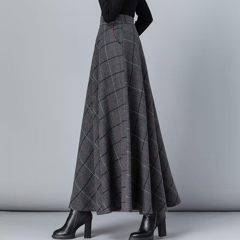 New Woolen Plaid Skirt for Women Mid-length Autumn and Winter Slimming High-waisted A-line Skirt Casual Long Skirt