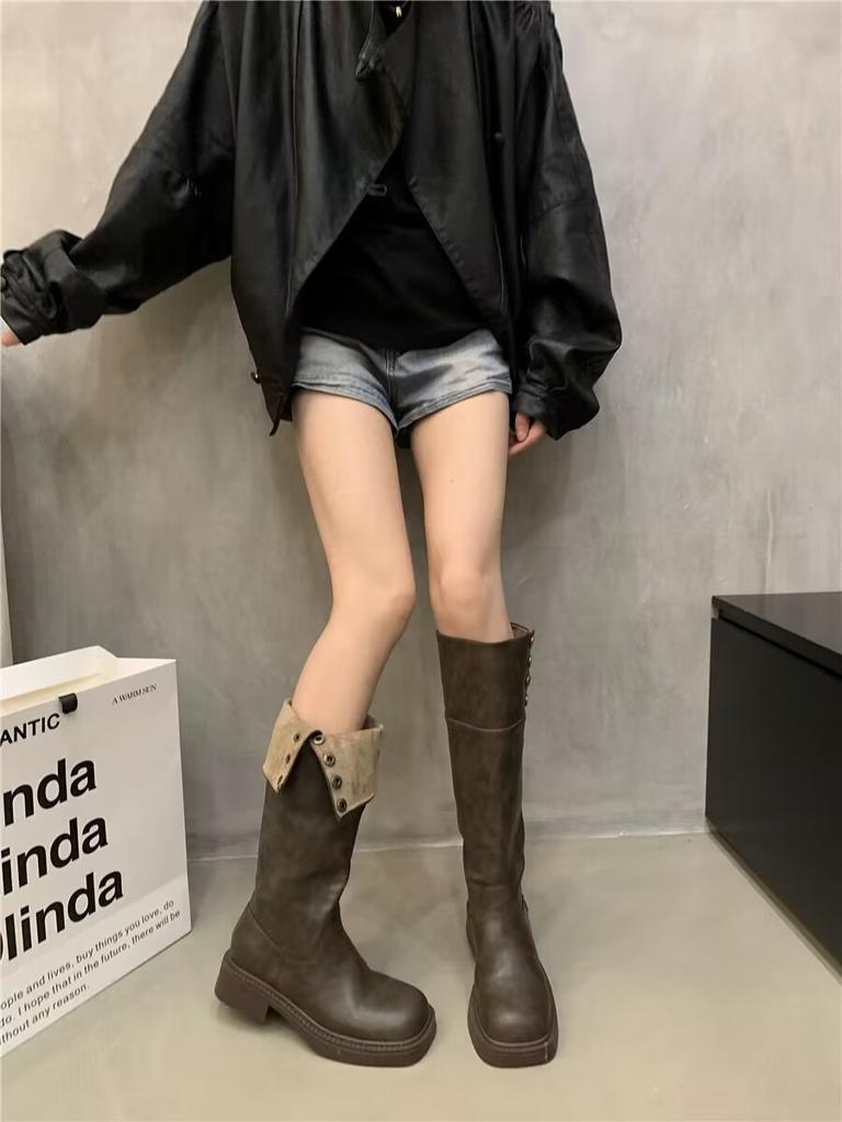 Зимняя обувь 2024, женские высокие сапоги до бедра, модные кожаные длинные рыцарские ботинки с пряжкой, женские ботинки, обувь для девочек на толстой подошве Q420