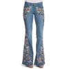 Women Embroidery Destoryed Flare Jeans Button Waist Bell Bottom Denim Pants