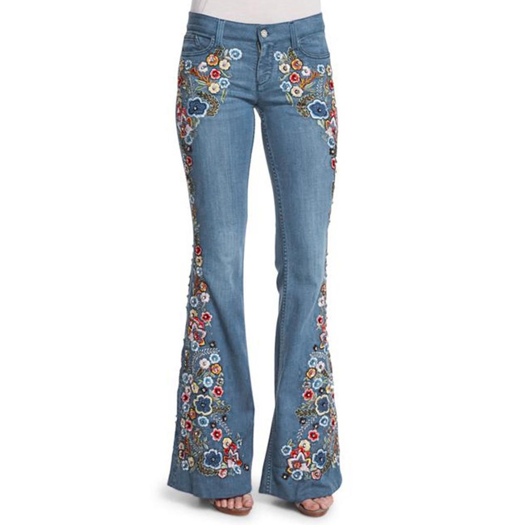Women Embroidery Destoryed Flare Jeans Button Waist Bell Bottom Denim Pants