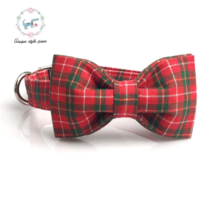 Dog Collar with Bow Tie Christmas Red Plaid Metal Buckle Big and Small Dog Cat Necklace and Dog Collar Leash Set Pet Accessories