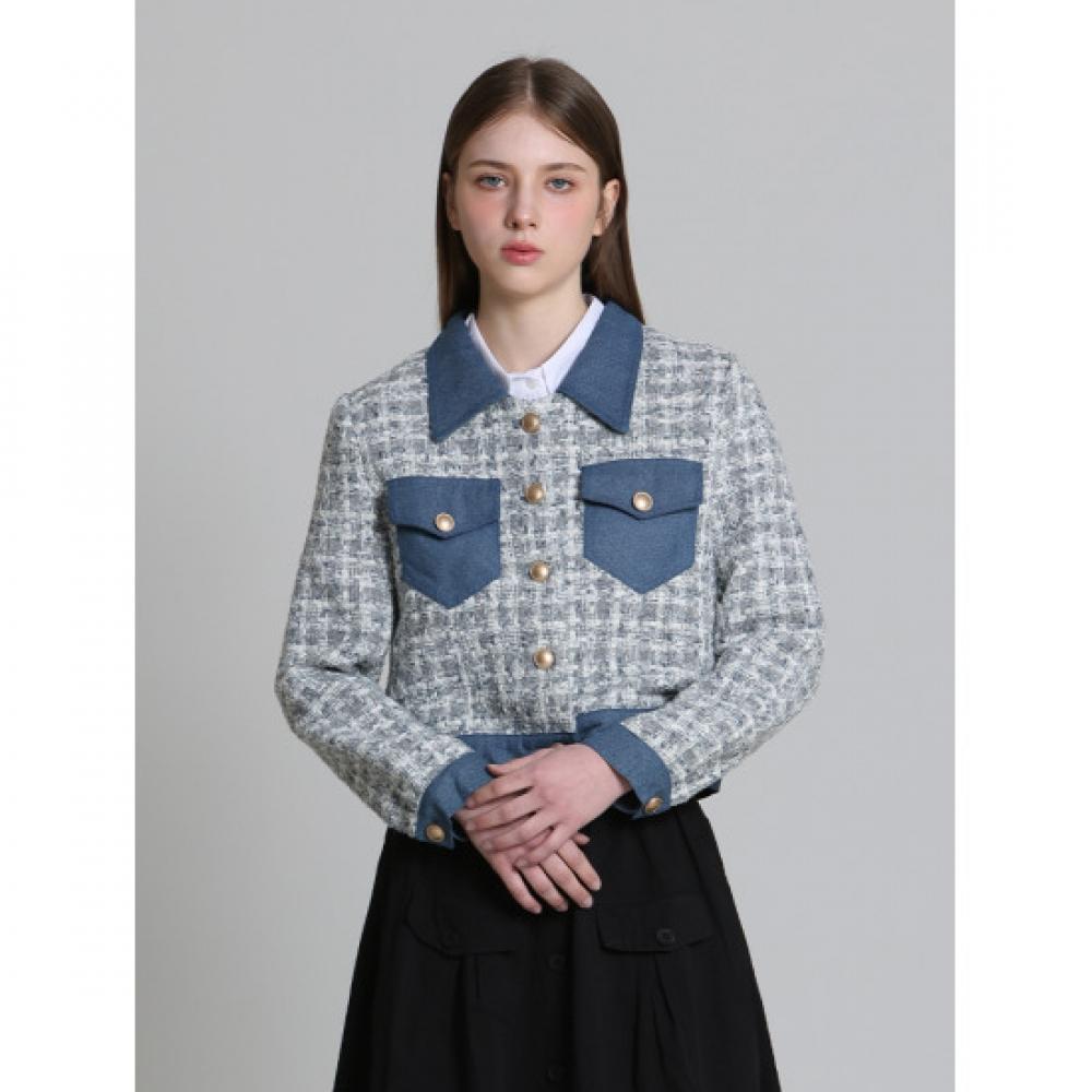 Ozoc Denim Color Block Collar Tweed Jacket Ozoc 170