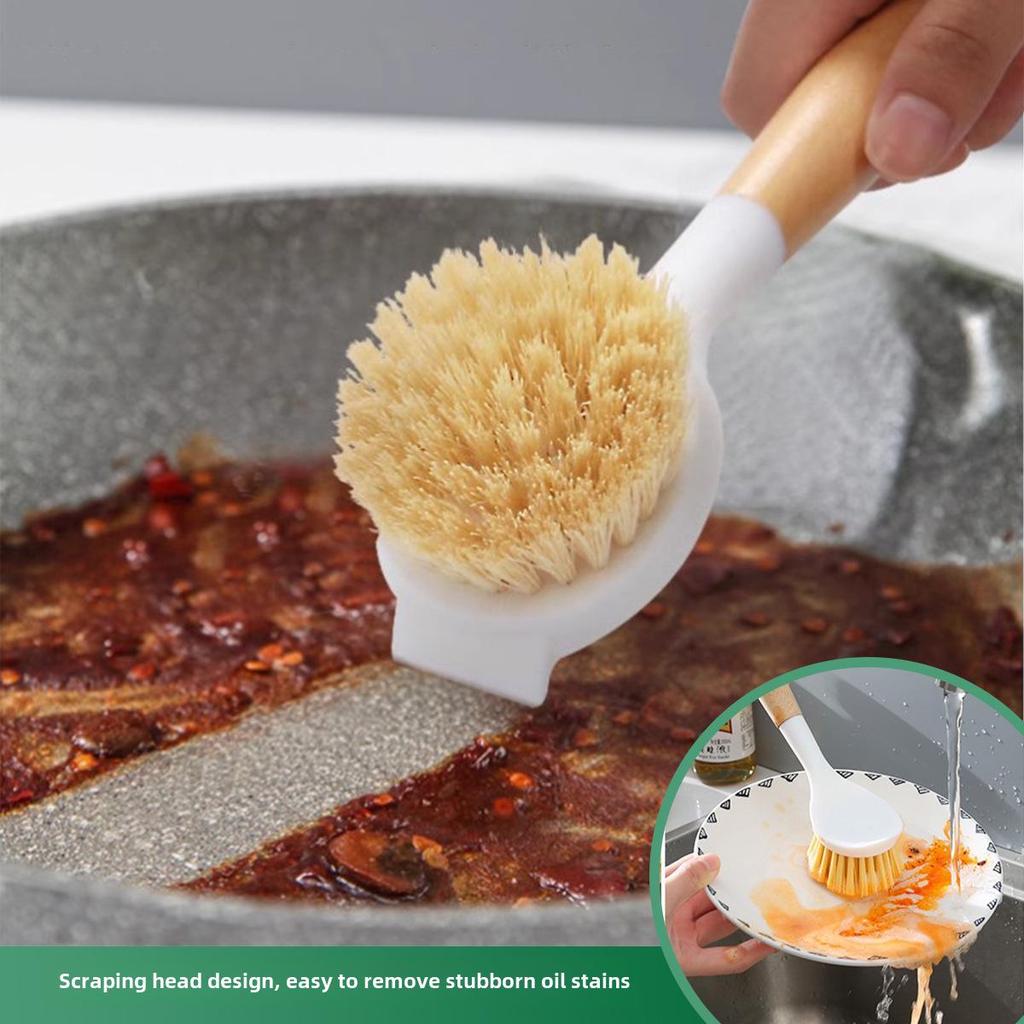 Wooden Long-Handle Kitchen Brush: Non-Damaging Pot Cleaner for Tough Grease Removal