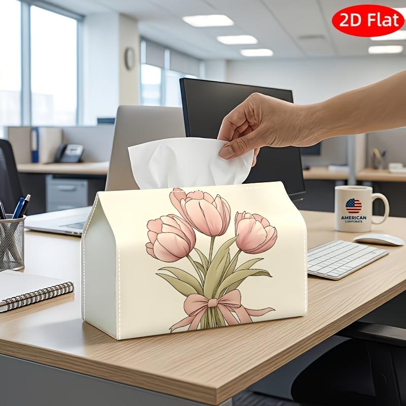 2D Flat, 1pc Tissue Box, Printed on Both Sides, Tissue Box Featuring Pink Tulips And a Bow on a Light Backdrop, Perfect for Decorative Storage During